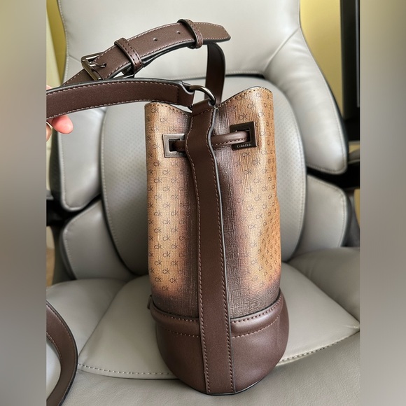 Calvin Klein Coated Canvas w/Leather Bucket CrossbodyBag, Brown/Tan Color - Picture 5 of 13